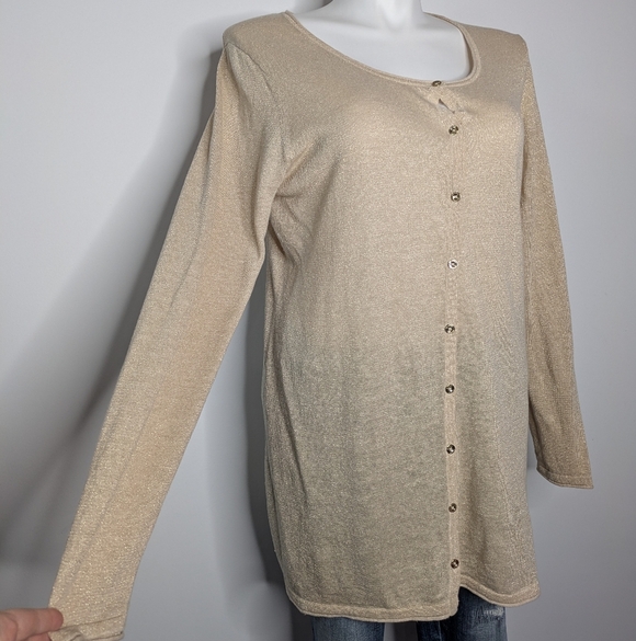 Lilly Pulitzer Tan Gold Shimmer Long Sleeve Linen Blend Button Up Cardigan XL - Picture 3 of 9
